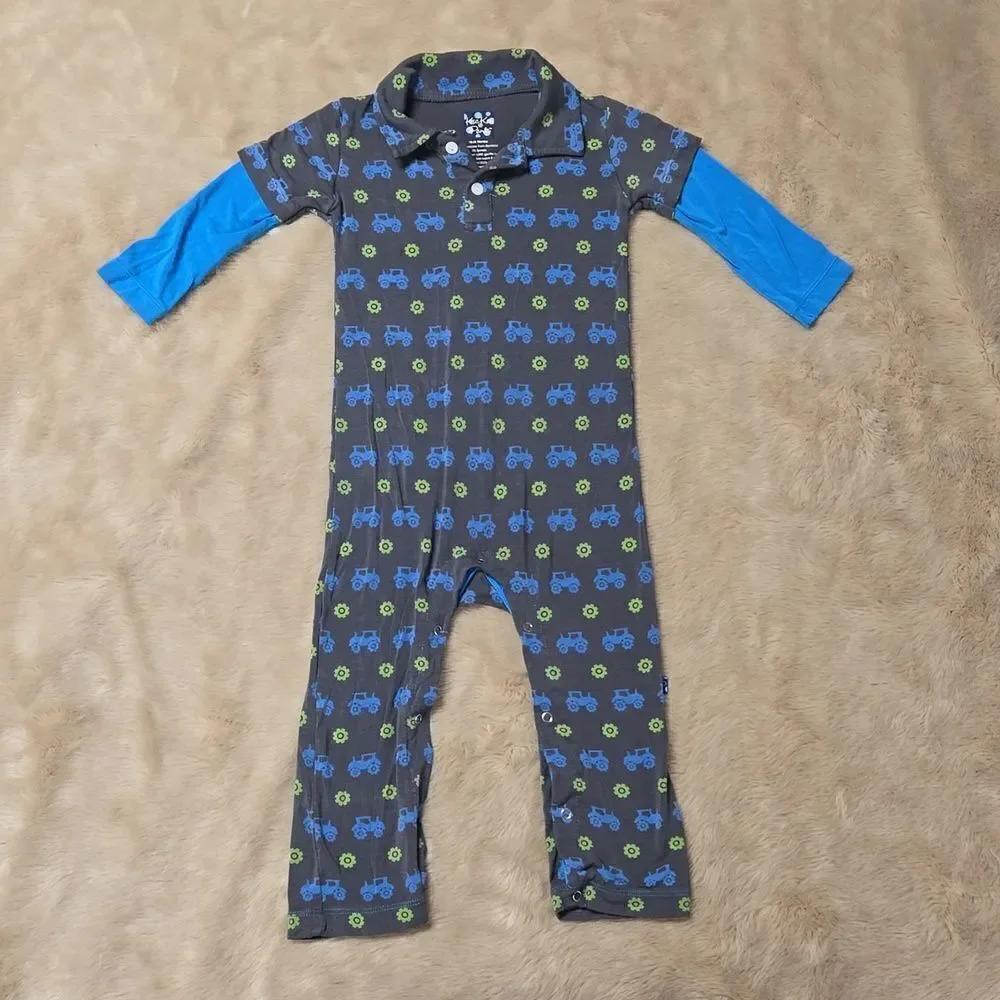 KICKEE PANTS CHARCOAL WITH TRACTORS AND TIRES ROMPER, SIZE 18-24 MONTHS